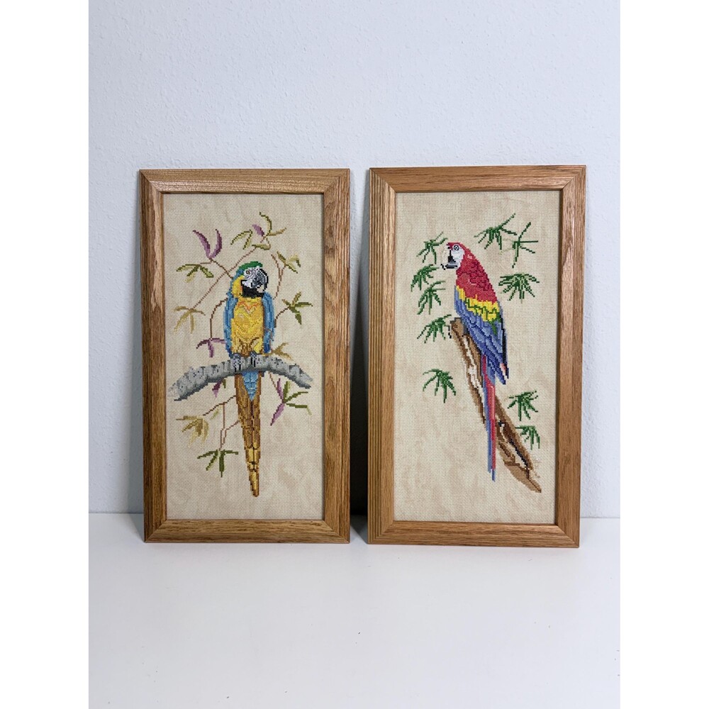 2 Handmade Cross-Stitch Parrot Birds Oak Framed 18x10